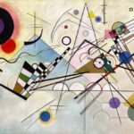 Kandinski , apstraktna kompozicija sa krugovima u bojama , izlomljenim i krivim crnim linijama i obojenim poljima