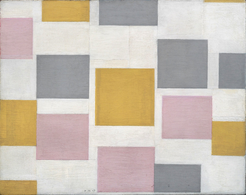 slikarsko platno sa belom osnovom i pravougaonicima u ruzicastoj , zutoj i sivoj boji