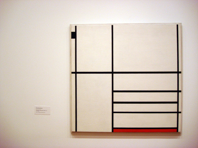 Pit Mondrian slika ritam kroz odnos pravih linija u crnoj boji i nekoliko polja u osnovnim bojama . Ovaj raspored elemenata stvara sliku ritma