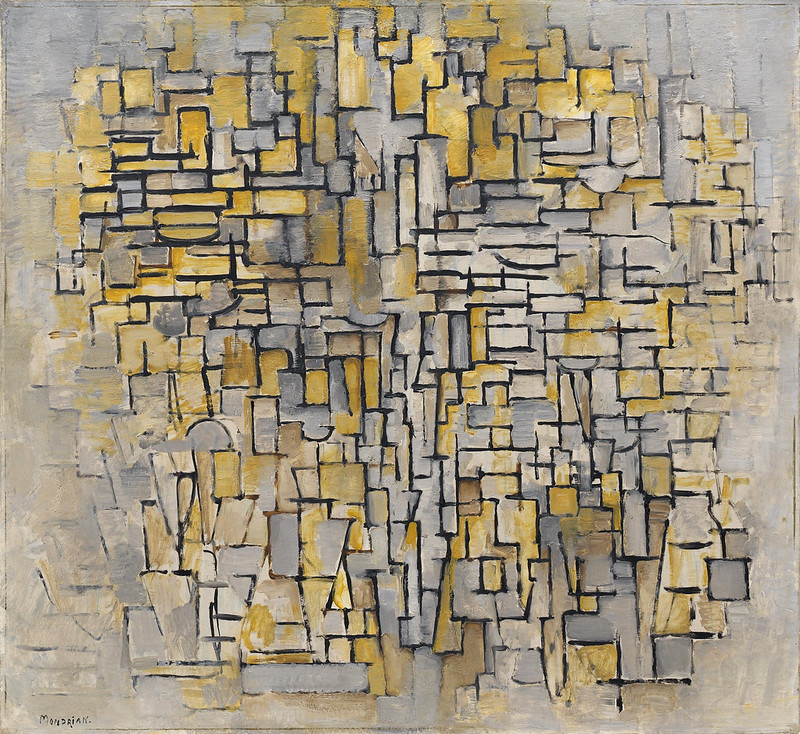 Mondrian ,slikarsko platno sa sivom podlogom i grupom vertikalnih i horizontalnih linijica i grupisanih polja obojenih zutom bojom