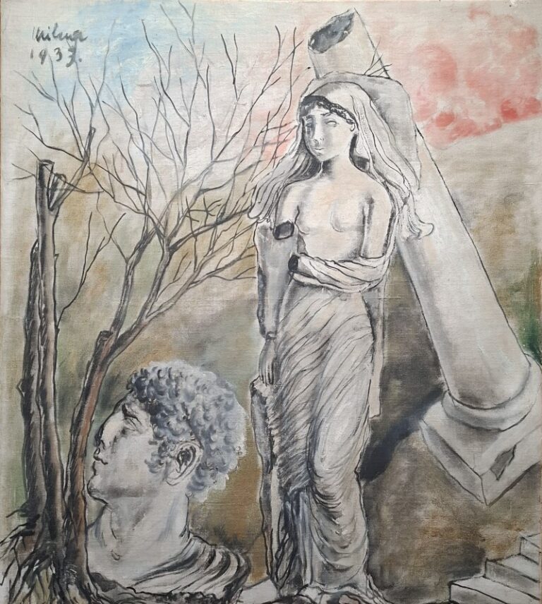 Enigmatska kompozicija sa ženskom figurom, stubom i drvetom 1933. Milena Pavlović Barilli